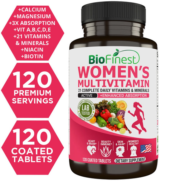 Biofinest Women’s Multivitamin Multimineral Supplement - Vitamins A B C E D K Mag Calcium Zinc Iron Folic Acid (120tabs)