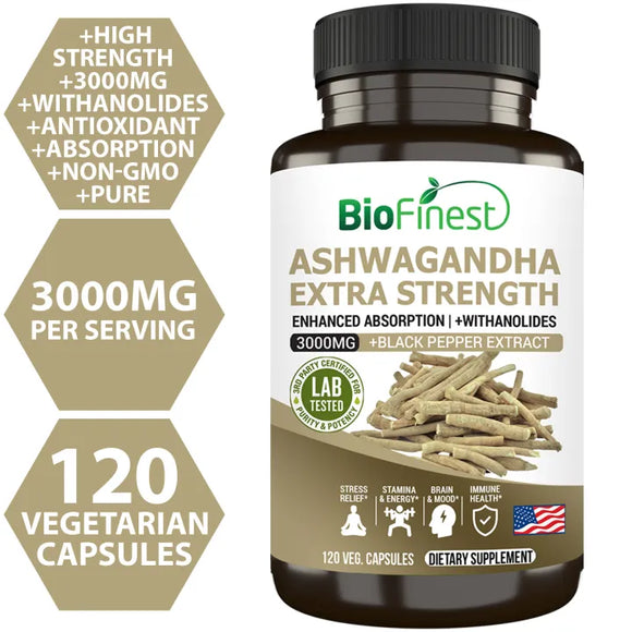 Biofinest Ashwagandha 3000mg Root Extract - Extra Strength Enhanced Absorption Withanolides - Pure Non-GMO Organic Supplement - Relieve Stress Anxiety Depression Boost Memory Mood Focus Clarity Stamina Energy Sleep Immune - Made in USA (120 Veg. capsules)