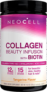 NeoCell Collagen Powder with Biotin, Vitamin C & Hyaluronic Acid, Collagen Type 1 & 3, Beauty Infusion Promotes Beautiful Skin, Healthy Hair & Nail, Gluten Free, Tangerine, 11.64 Oz