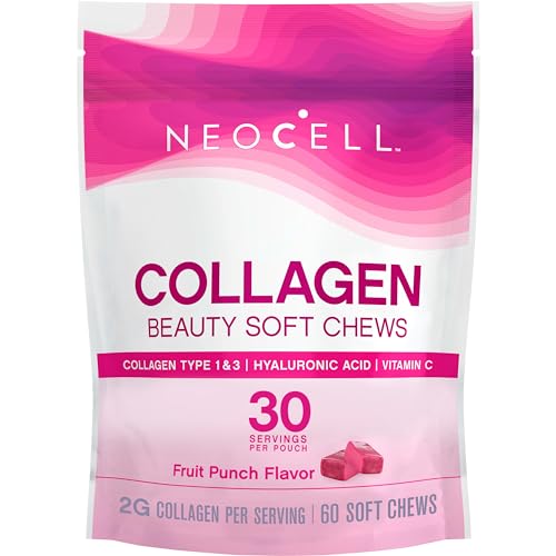NeoCell Collagen Beauty Soft Chews with Vitamin C and Hyaluronic Acid, For Hair, Skin and Nail Health, Fruit Punch, Soft Chews, 60 Count, 1 Bag