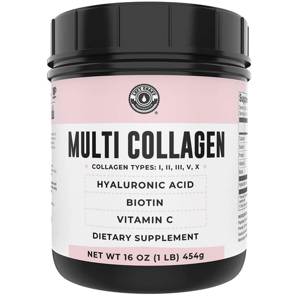 Collagen with Biotin, Hyaluronic Acid, Vitamin C, 1 lb Powder. Hydrolyzed Multi Peptide Protein. Types I, II, III, V, X, Collagen for Hair, Skin, Nails*. Collagen Supplement for Women, Men
