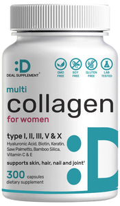 DEAL SUPPLEMENT Multi-Collagen Pills for Women with Vitamin C, E, & Biotin, 300 Capsules – 11 in 1 Formula with Saw Palmetto, Bamboo Silica, & Hyaluronic Acid – Hair, Skin, Nail, & Joint Health