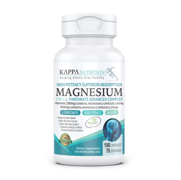 (150 Capsules), 2,253mg Per Serving, Providing 420mg Elemental Magnesium, L-Threonate, Bisglycinate Chelate, Malate, for Brain, Sleep, Stress, Cramps, Headaches, Energy, Heart from Kappa Nutrition.
