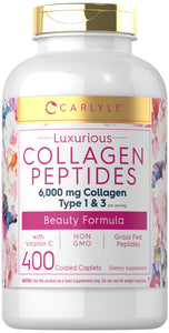 Carlyle Collagen Peptides 6000mg | 400 Caplets | with Vitamin C | Type 1 and 3 | Non-GMO, Gluten Free, Grass Fed Supplement