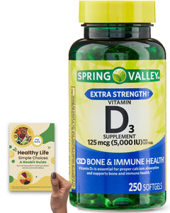 Spring Valley Vitamin D3 Softgels, 125 mcg, 5,000 IU, 250 Count - Bone & Immune Health, Essential for Calcium Absorption - Bundle with 'Healthy Life, Simple Choices: Guide' (2 Items)