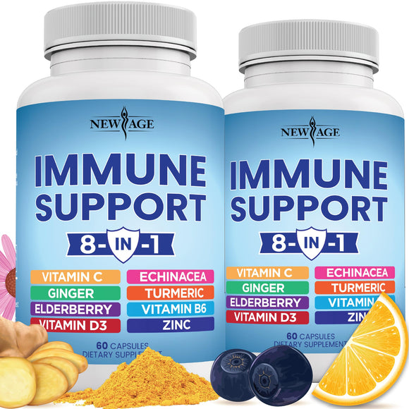 8 in 1 Immune Support Booster Supplement with Echinacea, Vitamin C and Zinc 50mg, Vitamin D 5000 IU, Turmeric Curcumin & Ginger, B6, Elderberry 120 Count (Pack of 2)