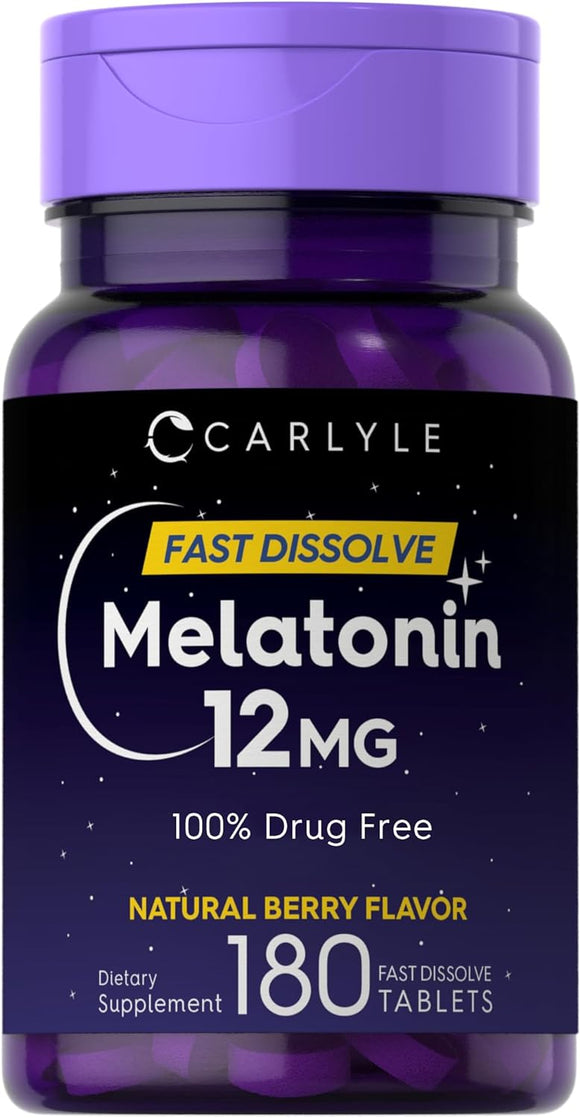[READY] Carlyle Melatonin 12 mg Fast Dissolve 180 Tablets | Nighttime Sleep Aid | Natural Berry Flavor | Vegetarian, Non-GMO, Gluten Free