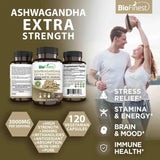 Biofinest Ashwagandha 3000mg Root Extract - Extra Strength Enhanced Absorption Withanolides - Pure Non-GMO Organic Supplement - Relieve Stress Anxiety Depression Boost Memory Mood Focus Clarity Stamina Energy Sleep Immune - Made in USA (120 Veg. capsules)