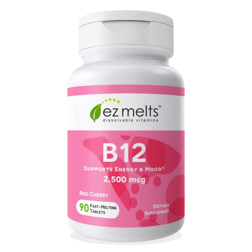 EZ Melts Dissolvable Vitamin B 12 Supplements for Improved Intake - Bioactive B 12 Vitamin to Help Overall Wellbeing - Zero Sugar B12 Vitamins - Vegan Vitamin B12 Tablets - Cherry Flavor - 90 Ct