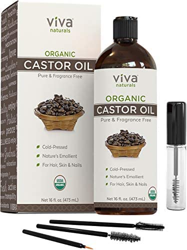 Organic Castor Oil for Eyelashes and Eyebrows (16 fl oz) - Traditionally Used for Hair Growth, Natural Hair & Eyelash Serum With Beauty Kit Included, USDA Organic & Cold Pressed Castor Oil