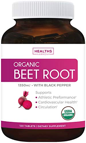 USDA Organic Beet Root Powder (120 Tablets) 1350mg Beets Per Serving with Black Pepper for Extra Absorption - Nitrate Supplement for Circulation, Heart Health, Super Athletic Performance - No Capsules