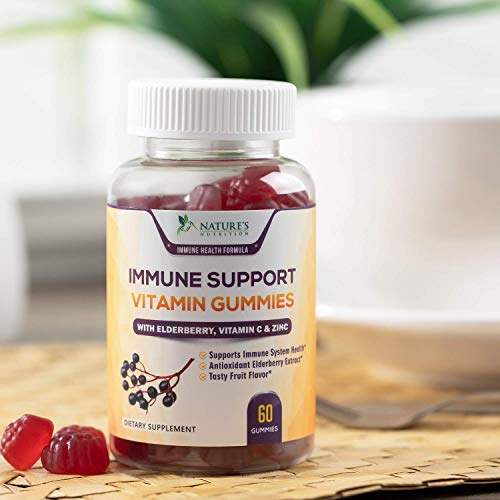 Immune Support Gummies for Adults with Black Elderberry Extract, C & Zinc, Natural Pectin Based Gummy Vitamin, Immune System Support Supplement for Children, Tasty Fruit Flavor - 60 Gummies