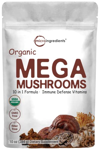 Sustainably US Grown, Organic Mega Mushroom 10 in 1 Complex Formula Powder for Immune System Booster, 10 Ounce (284 Days Supply), Chaga, Lions Mane, Cordyceps, Reishi & More, Filler Free, Vegan