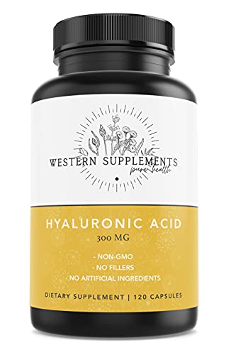 Western Supplements 300mg Pure Hyaluronic Acid Vitamin Supplements with 50mg of Vitamin C 1 Capsule Serving 120 Day Supply Supports Healthy Skin Anti-Aging Beauty Hydration Joint Lubrication