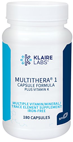 Klaire Labs MultiThera 1 Plus K Iron-Free Multivitamin & Multimineral Capsule Formula with Vitamin K1 & K2 - High Potency with Active Folate, No Iron (180 Capsules)