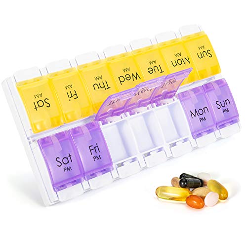 7 Day Pill Organizer 2 Times a Day, Large Daily Pill Box Case, Am Pm Weekly Pill Dispenser for Morning Night Medicines, Push Button Vitamin Container Arthritis Friendly | BPA Free Pill Holder