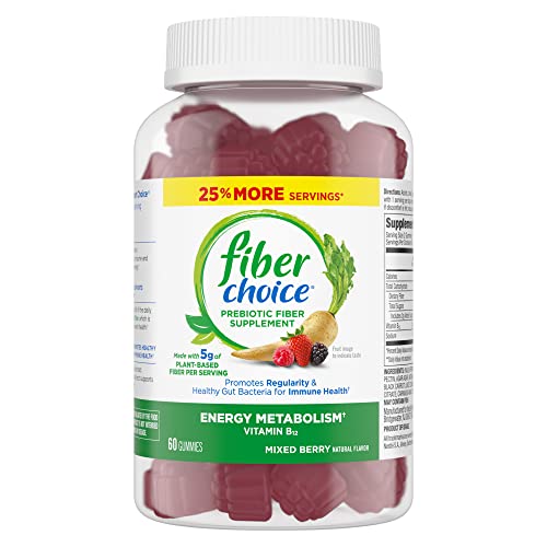 Fiber Choice 5g Plant-Based Prebiotic Fiber Gummies, Supports Energy Metabolism, Regularity & Healthy Gut Bacteria, Mixed Berry, 60 Count (2 per Serving)