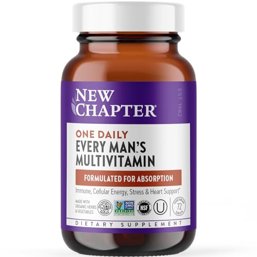 New Chapter Men's Multivitamin for Immune, Stress, Heart + Energy Support with Fermented Nutrients - Every Man's One Daily, Made with Organic Vegetables & Herbs, Non-GMO, Gluten Free - 72 ct