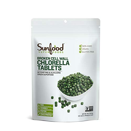 Sunfood Chlorella Tablets | Chlorophyll Rich | Broken Cell Wall | Blue Green Algae Superfood | Organic & Non GMO | Natural Vegan Protein | 100% Pure | Bulk 8 oz Bag| 900 Tablets