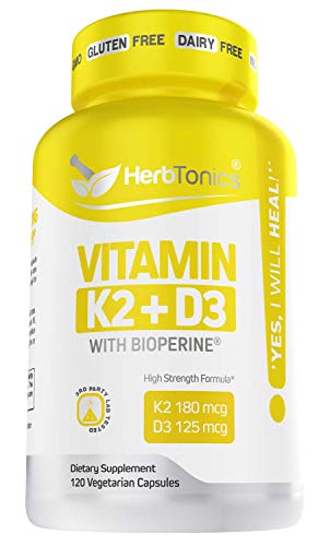 Immune System Support Vitamin K2 (MK7) with D3 5000 Iu Supplement with Bioperine (Black Pepper) 120 Vegetarian Capsules, Strong Bones and Heart Health -k2 d3 Complex- Tiny Easy to Swallow