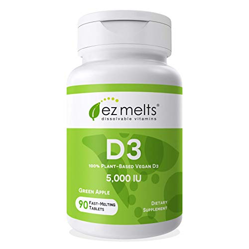 EZ Melts D3 as Cholecalciferol, 5,000 IU, Sublingual Vitamins, Vegetarian, Zero Sugar, Natural Apple Flavor, 90 Fast Dissolve Tablets