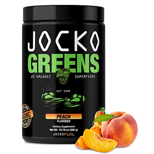Jocko Fuel Greens Powder (Peach Flavor) - Organic Greens & Superfood Powder for Healthy Green Juice - Keto Friendly with Spirulina, Chlorella, Digestive Enzymes, & Probiotics - 30 Servings