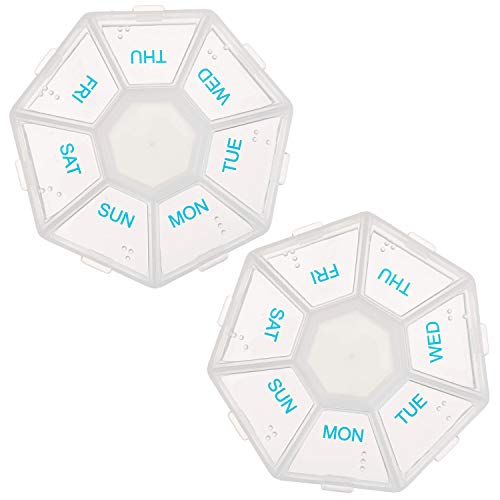 2-Pack 7-Sided Portable Pill Box Medicine Planner Small case (Seven Day Weekly Travel Container) Medication, Vitamin Holder Boxes Organizer Pillbox Dispenser Organizer, sorter and Reminder containers