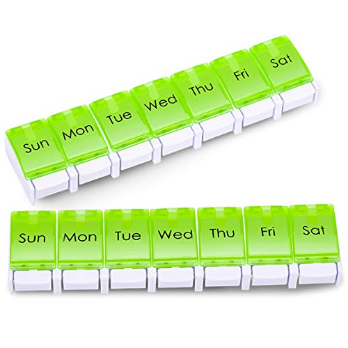 2-Pack 7 Day Travel Pill Organizer 1 Times a Day, Weekly AM PM Pill Case, Large Pill Box Twice a Day, Oversized Daily Medication Organizer for Vitamin Supplement and Big Fish Oil.(Green)