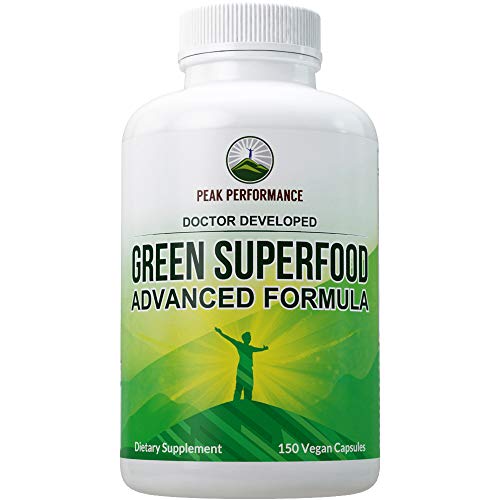 Super Greens 150 Capsules - Green Juice Superfood Supplement with 25 All Natural Organic Ingredients. Max Energy and Detox Super Food Pills with Spirulina, Spinach, Kale, Turmeric, Probiotics