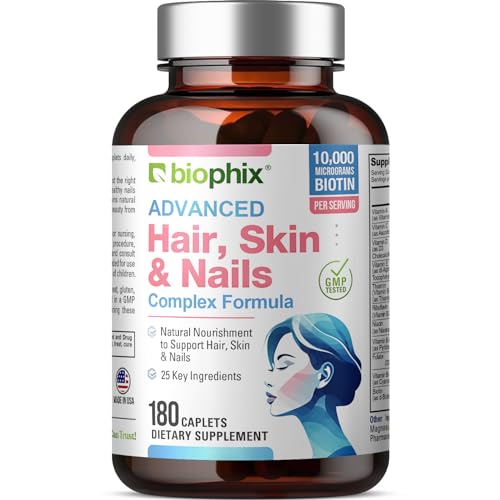 Hair Skin and Nails Complex 180 Caplets with 10000 mcg Biotin - Multivitamin Supports Strong Nails Beautiful Hair Healthy Aging