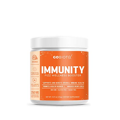 Immunity Fizz Wellness Booster by GoBiotix – Vegan Antioxidant Immunity Powder | Organic Super-Food Extract | Elderberry, Turmeric, Vitamin C, D, B12 ● Non-GMO, Free of Soy, Gluten & Sugar (Orange)