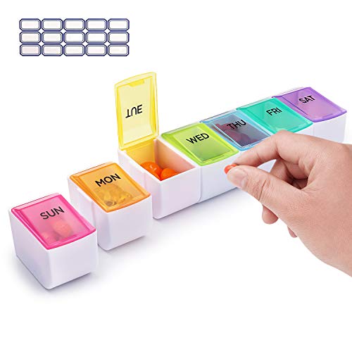 7 Day Pill Organizer Detachable, Travel Weekly Pill Box Case with Separable Compartments, Pill Container for Pills Vitamin Fish Oil Supplements (Rainbow)