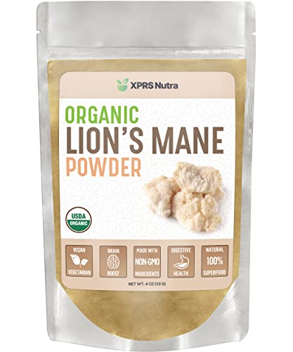 XPRS Nutra Organic Lion's Mane Powder - Premium Lions Mane Powder for Mental Clarity, Memory, Focus, and Digestive Health - Vegan Friendly Lions Mane Mushroom (4 oz)