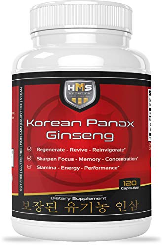 Certified Organic 2000mg Korean Red Panax Ginseng 120 Vegan Capsules Super Strength Extract Powder Supplement - High Ginsenosides Supports Energy, Stamina, Performance and Mental Health