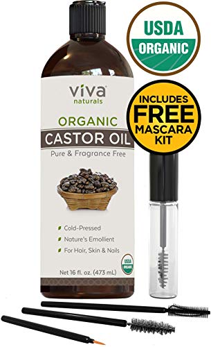 Organic Castor Oil for Eyelashes and Eyebrows (16 fl oz) - USDA Certified Organic, Cold Pressed Castor Oil, Natural Hair Oil & Eyelash Serum, Beauty Kit Included
