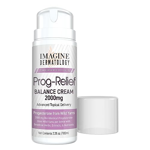 Imagine Dermatology Bio-Identical Progesterone 2000mg, 100 Pump Doses, Micronized USP from Wild Yam Prog-Relief Cream, Paraben-Free, Soy Free, for Female Mid-Life Balance, TSA Compliant Size, USA Made