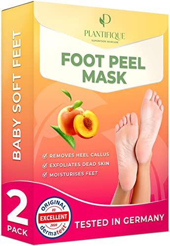 Foot Peel Mask with Peach by Plantifique - 2 Pack Foot Mask Dermatologically Tested - Repair Heels & Removes Dry Dead Skin for Soft Baby Feet - Exfoliating Foot Peel Mask for Hard Skin - Peeling