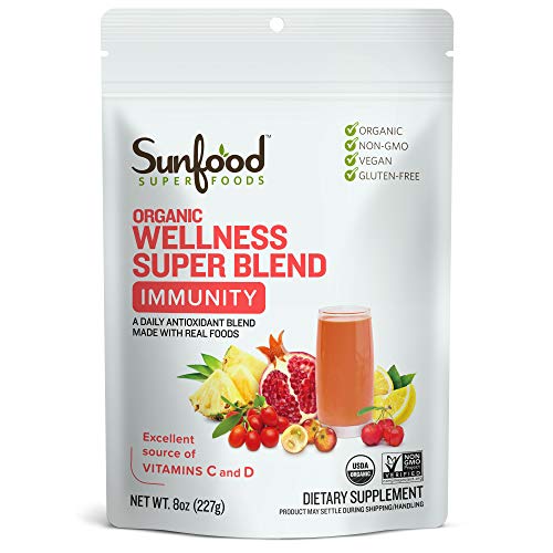 Sunfood Wellness Super Blend- Immunity Drink Powder. Immune System Booster. Organic, Plant-Based Blend of Superfoods & Mushrooms. Mix with Water. 8 oz