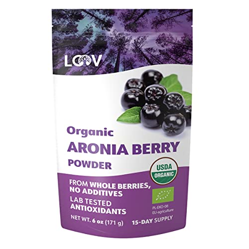 LOOV Organic Aronia Berry Powder, Not Made from Concentrate, Freeze Dried and Powdered Organic European Aronia Berries (Chokeberries), 15-Day Supply, 6 Ounces, Raw, No Added Sugar