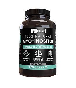 100% Pure Myo-Inositol, 365 Capsules, 3-Month Supply, No Additives or Magnesium Stearate Fillers, 1860 mg Undiluted Vitamin B8 Powder per Serving, Made in The USA