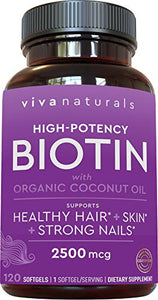 Biotin 2500mcg - Support for Healthy Hair Skin Nails, High Potency Biotin Made with Organic Coconut Oil, 120 softgels