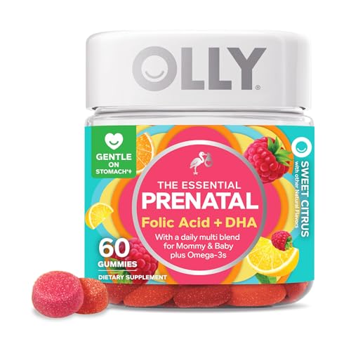 Olly The Essential Prenatal Gummy Multivitamin, 30 Day Supply ( Gummies), Sweet, Folic Acid, Vitamin D, Omega 3 DHA, Chewable Supplement, White Citrus, 60 Count (Pack of 1)