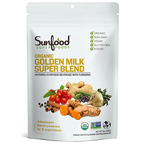 Sunfood Superfoods Golden Milk Super Blend - All Natural, Organic Ingredients | Ultra-Clean (No Chemicals, Artificial Flavor, Additives or Fillers) | Non-GMO, Gluten-Free, Vegan, Kosher | 6 oz Bag