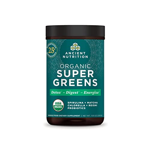 Ancient Nutrition Super Greens Powder, Organic Superfood Powder with Probiotics Made with Spirulina, Chlorella, Matcha, and Digestive Enzymes, 25 Servings, 7.5oz