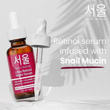 SeoulCeuticals 1% Korean Retinol Night Serum for Face - 97.5% Snail Mucin + Hyaluronic Acid + Bakuchiol, Cruelty Free K Beauty for Sensitive Skin. 1 FL OZ