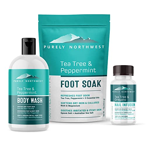3 in 1 Professional Foot Spa Kit-with Tea Tree Foot & Body Soak-Tea Tree Body Wash & Nail Blend-Soothes Dry, Burning & Itchy Skin-Refreshes Unwanted Foot Odor-Restores Unhealthy Nails-Purely Northwest