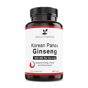 Adora Organics Korean Red Panax Ginseng 1650 mg Extra Strength Root Extract Powder with High Gineosides - Focus - Energy - Perform - 120 Vegan Capsules