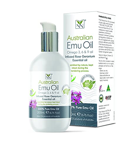 Y-Not Natural - Organic Pharmaceutical 100% Pure Emu Oil 200ml | Free Range Aboriginal Omega 3, 6 & 9 Oil Infused w/Rose Geranium for Hypoallergenic Skin Care, Hair & Healing | Natural Source of K2