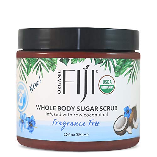 Organic Fiji Coconut Oil Infused exfoliating Sugar Scrub for Face Body Foot & Skin , Fragrance Free 20 OZ