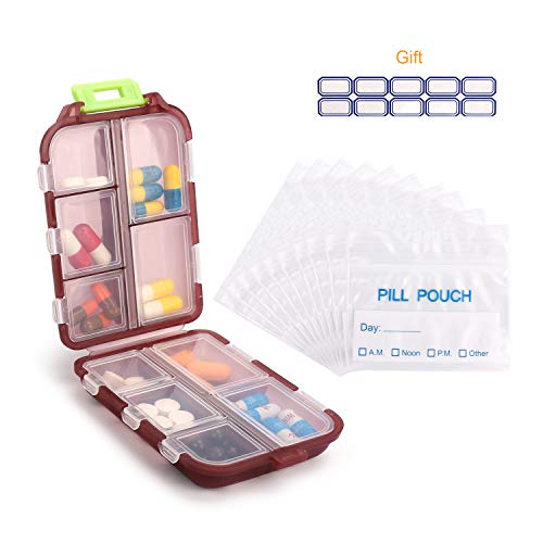50PCS Travel Pill Pouches, Portable Pill Organizer, Travel Tablet Medicine Vitamin Box, with 10 Compartments for Different Medicines (Dark red Pill case +Pill Pouches)